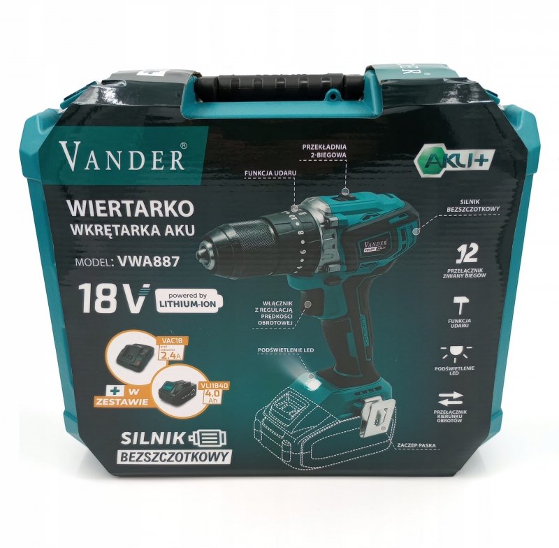 Wiertarko wkrętarka akumulatorowa udarowa AKU+ 18V 4,0Ah 50Nm Vander