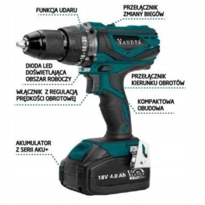 VANDER Wiertarko-Wkrętarka Akumulatorowa Udarowa 18V 6,0Ah 50Nm LEKKA 1,9kg
