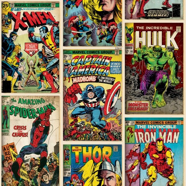 Tapeta Marvel Comics Superheroes Spiderman Iron Man Hulk okładki komiksów
