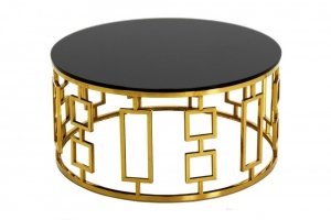 Okrągły Art Deco stolik kawowy złoty z ciemnym blatem 