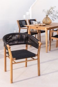 Fotel Krzesło Terry z drewna akacjowego ze sznurowanym siedziskiem i oparciem - czarne 