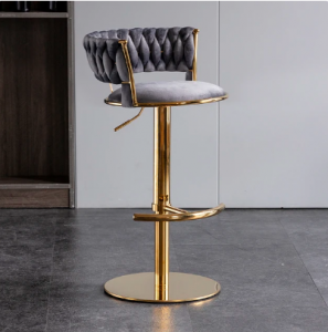 Wytworny złoty hoker obrotowy i regulowany stołek do baru Rotterdam złoty z podnóżkiem szare siedzisko 