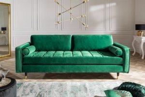 Piękna aksamitna welurowa klasyczna sofa szmaragdowa zieleń