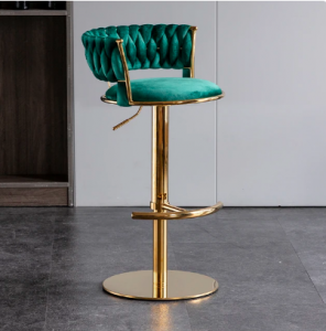 Wytworny złoty hoker obrotowy i regulowany stołek do baru Rotterdam złoty z podnóżkiem  zielone siedzisko