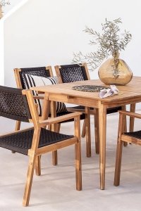 Zestaw stół rozkładany (160-210x90 cm) i 6 krzeseł Terry z drewna akacjowego ze sznurowanym siedziskiem i oparciem - czarne