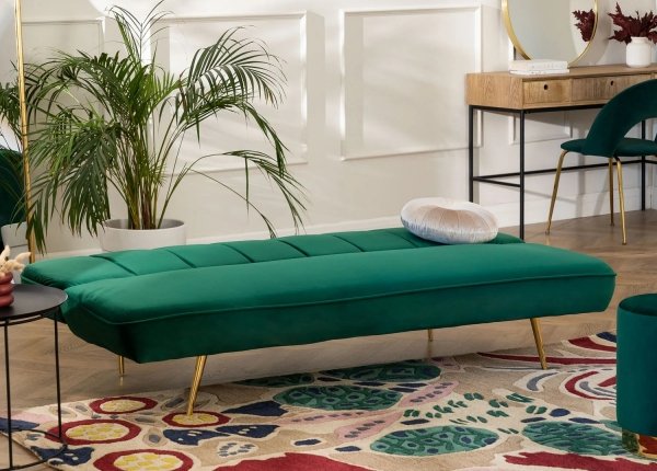 Rozkładana sofa 3 osobowa z aksamitu zieleń dżungli złote nogi