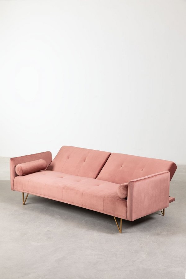 3-osobowa sofa do salonu rozkładana z funkcją spania z aksamitu kolor peonii na metalowych nóżkach