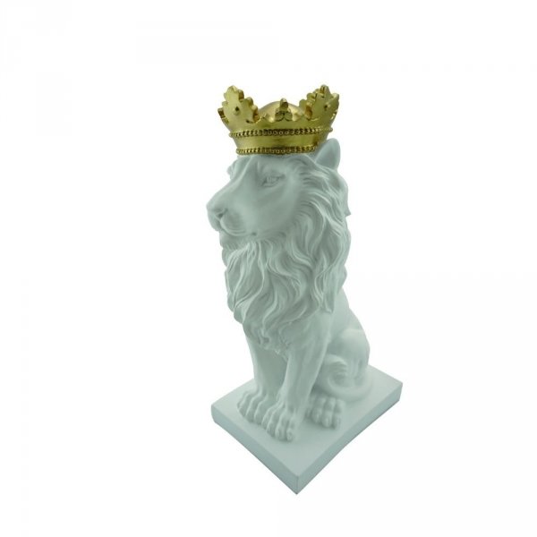 Wytworna Figurka Dekoracyjna Lew na postumencie biały w złotej koronie