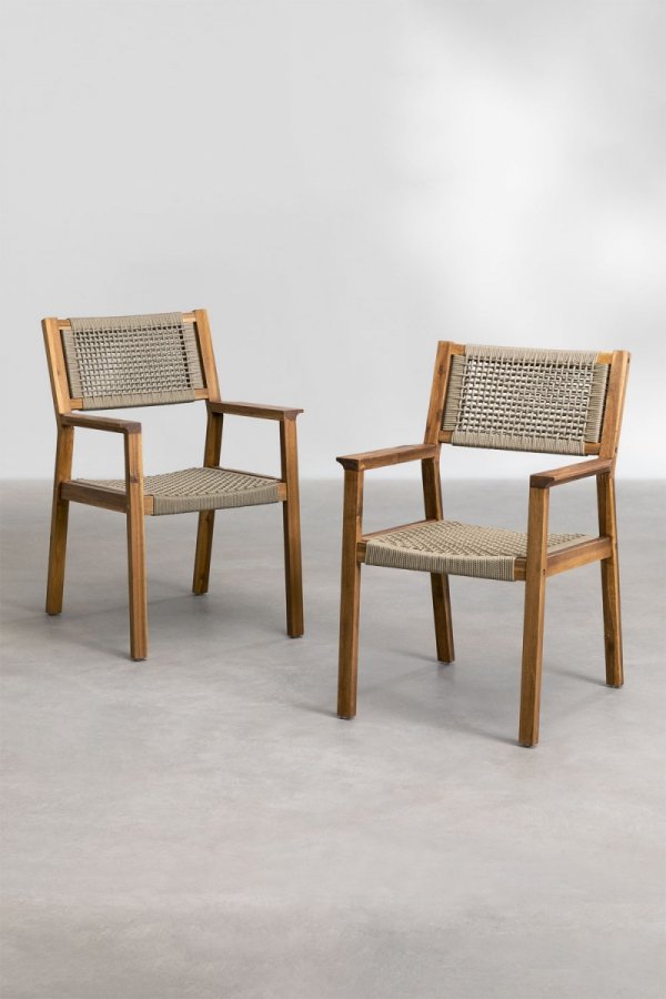 Komfortowe krzesło z drewna akacjowego z brązowym sznurowanym oparciem i siedziskiem zestaw 2 sztuki