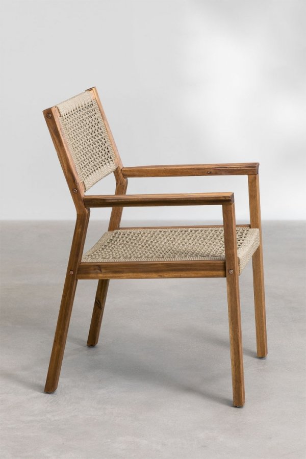 Komfortowe krzesło z drewna akacjowego z brązowym sznurowanym oparciem i siedziskiem zestaw 2 sztuki