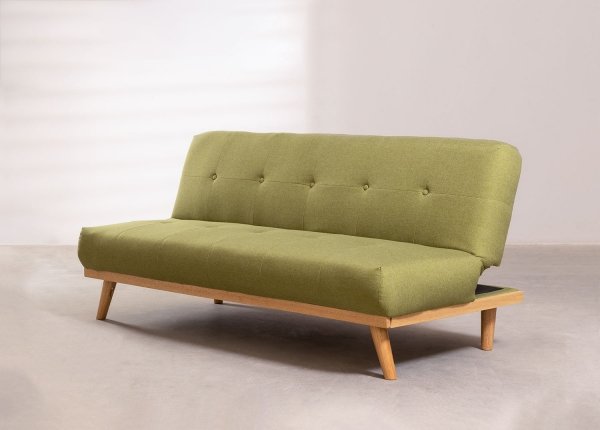 Sofa z funkcją spania do salonu 3-osobowa drewno i len pistacjowa