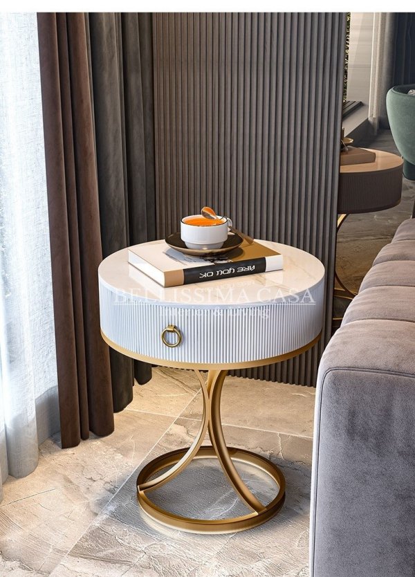 Luksusowy stolik pomocnik stolik pomocniczy Ying do salonu i sypialni złoto-biały z szufladą