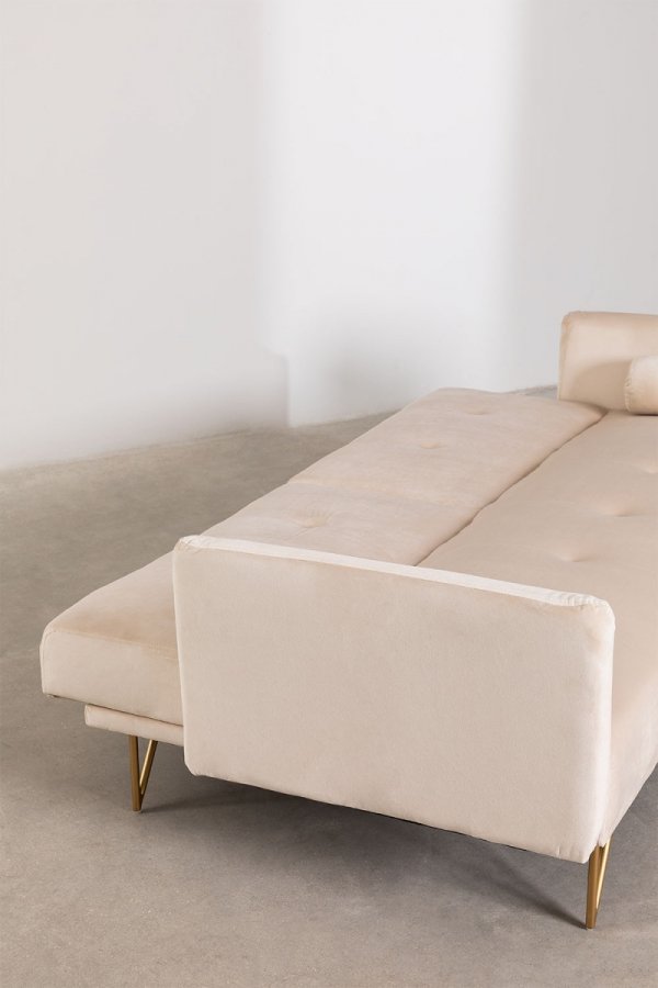 3-osobowa sofa do salonu rozkładana z funkcją spania z  aksamitu na metalowych nóżkach krem beż