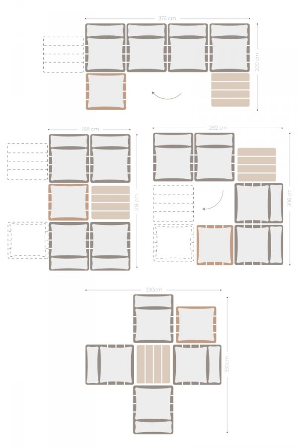 zestaw ogrodowy Brina –SKLUM - drewniana sofa modułowa z pufą i stolikiem kawowym – kremowe poduszki, drewno akacjowe – Bellissima Casa