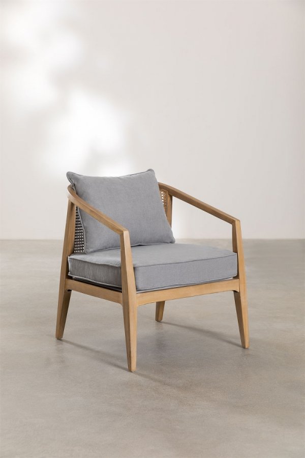 Komfortowy fotel Cairo z poduchą - drewno brzozowe, ratan, jasnoszare poduszki