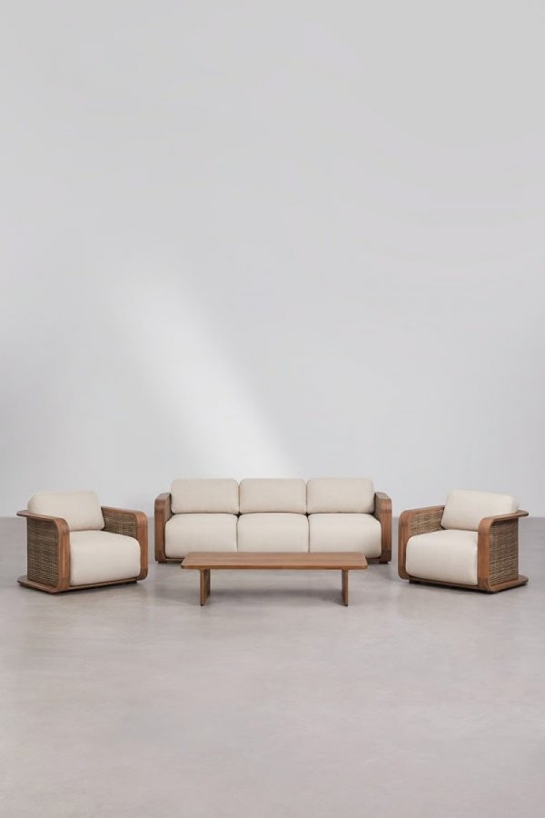 Zestaw ogrodowy Noira z sofą 3-osobową, fotelami i stolikiem kawowym z drewna akacjowego