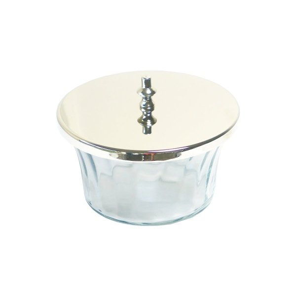 Ozdobny szklany pojemnik z efektowną ,niklowaną górą. Piękny dodatek do łazienki,na toaletkę,lub do kuchni.