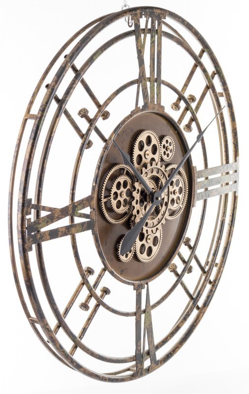 Bardzo duży zegar Colonna loft brązowo czarny metalowy cyfry rzymskie widoczny mechanizm