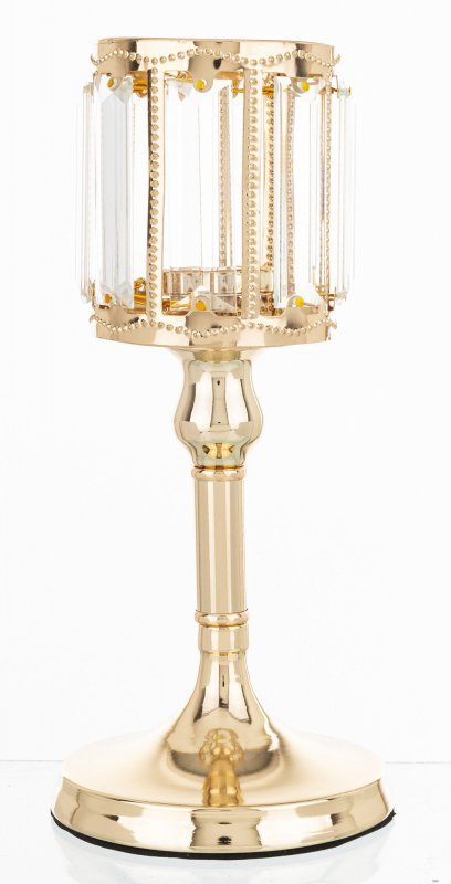 Złoty świecznik na świecę - elegancki design, metal i szkło, rozmiar 24x11x11 cm