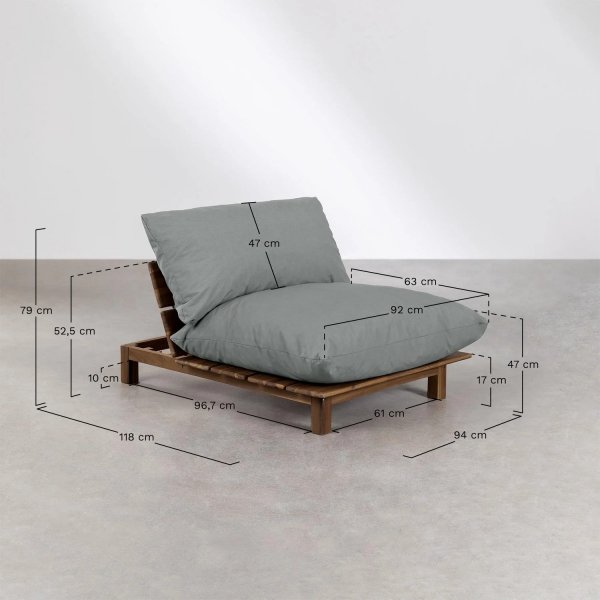 zestaw ogrodowy Brina –SKLUM - drewniana sofa modułowa z pufą i stolikiem kawowym – kremowe poduszki, drewno akacjowe – Bellissima Casa