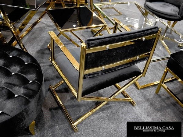 Fotel na złotym metalowym krzyżaku czarne welurowe krzesło DIRECTOR