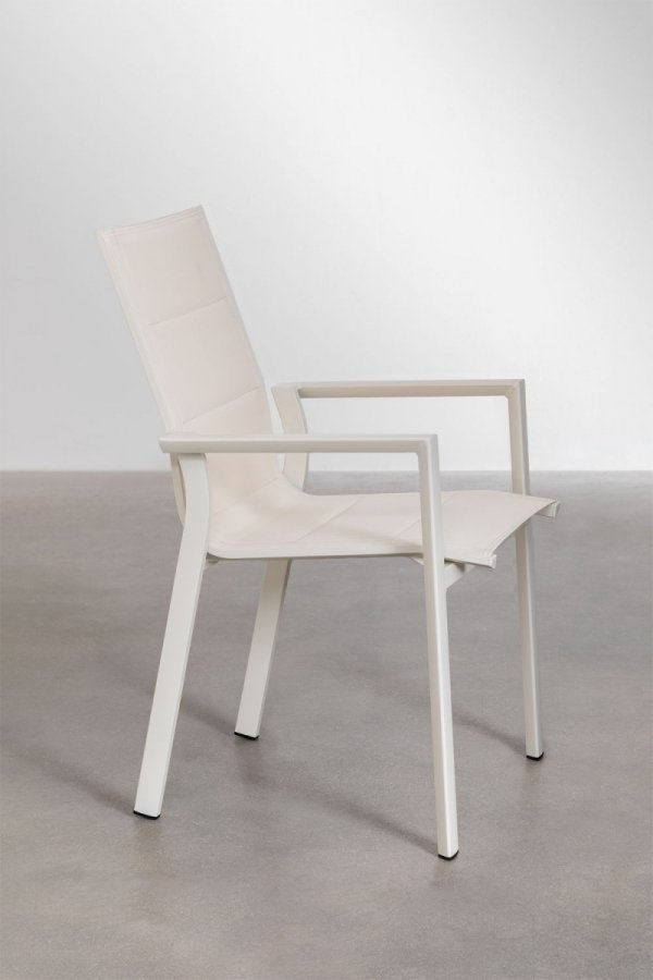 elegancki zestaw ogrodowy Paula, składający się z rozkładanego prostokątnego stołu (180-240x90 cm) i sześciu aluminiowych krzeseł z siedziskami i oparciami z tekstyliów