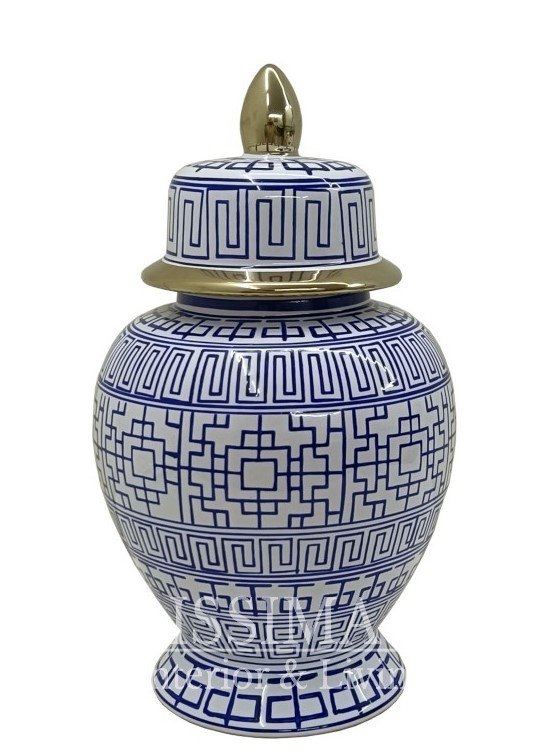 Dekoracyjna waza wazon z chińskiej ceramiki ręcznie malowana granatowo biało złota