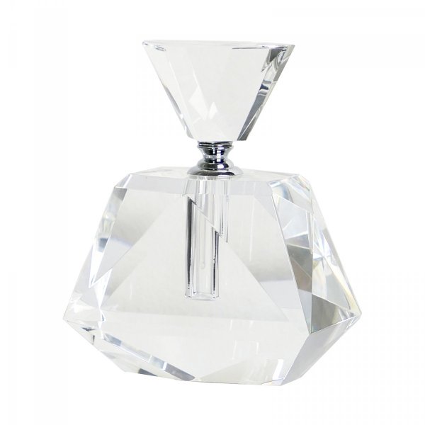 Elegancki, ozdobny wykonany z kryształu flakonik na perfumy.