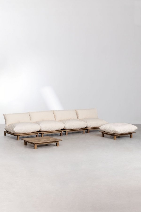 zestaw ogrodowy Brina –SKLUM - drewniana sofa modułowa z pufą i stolikiem kawowym – kremowe poduszki, drewno akacjowe – Bellissima Casa