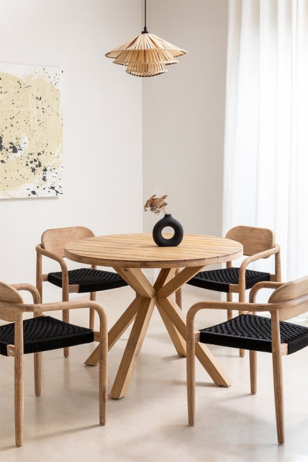 Stół do jadalni z 4 krzesłami z drewna eukaliptusowego okrągły 100 cm