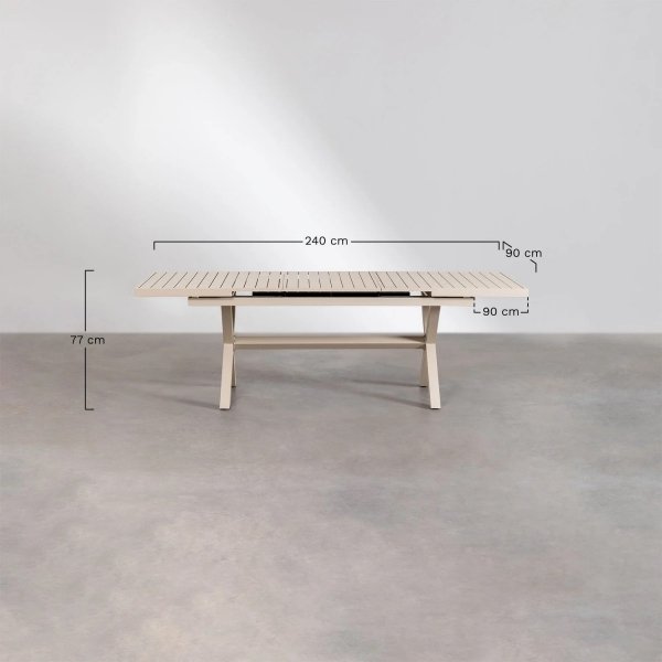 elegancki zestaw ogrodowy Paula, składający się z rozkładanego prostokątnego stołu (180-240x90 cm) i sześciu aluminiowych krzeseł z siedziskami i oparciami z tekstyliów
