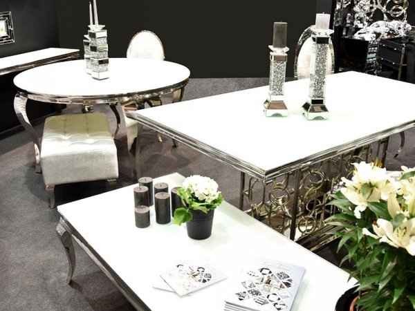 Srebrny stolik szklany jasny blat 130x70x45 cm 