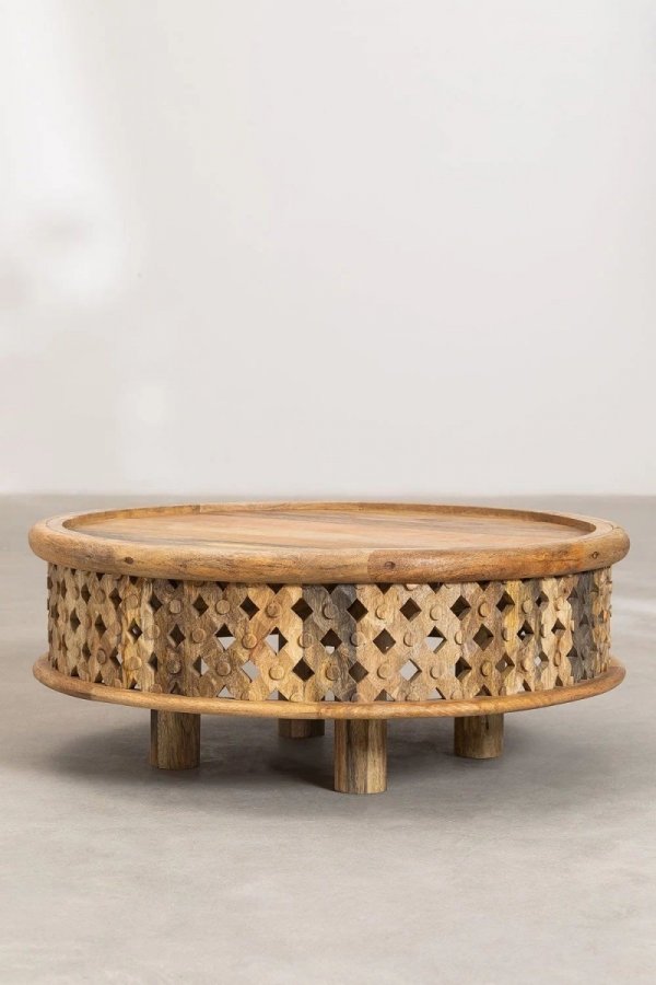 Kawowy okrągły stolik Roma z drewna mango do salonu vintage