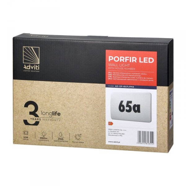 PORFIR LED 12W, oprawa oświetleniowa z numerem domu, 950lm, IP65, 4000K, IK10