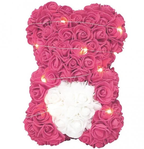 BQ54A Miś z róż z sercem 25cm różowy led