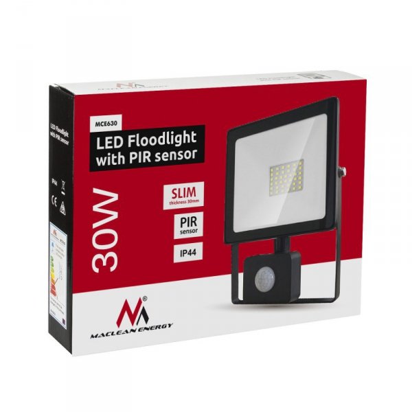Naświetlacz LED z czujnikiem ruchu Maclean, slim 30W, 2400lm, barwa zimna biała (6000K), IP44,  MCE630 CW PIR
