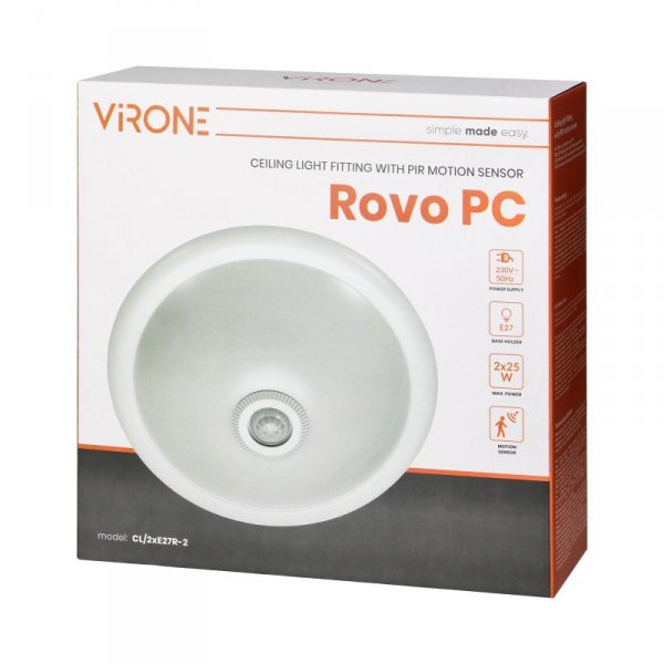 ROVO PC, plafon oświetleniowy z czujnikiem ruchu 360st, 2x40W, E27, IP20, polikarbon mleczny