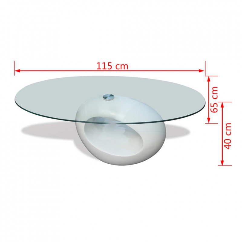 Biały stolik kawowy o owalnym, szklanym blacie, wysoki połysk