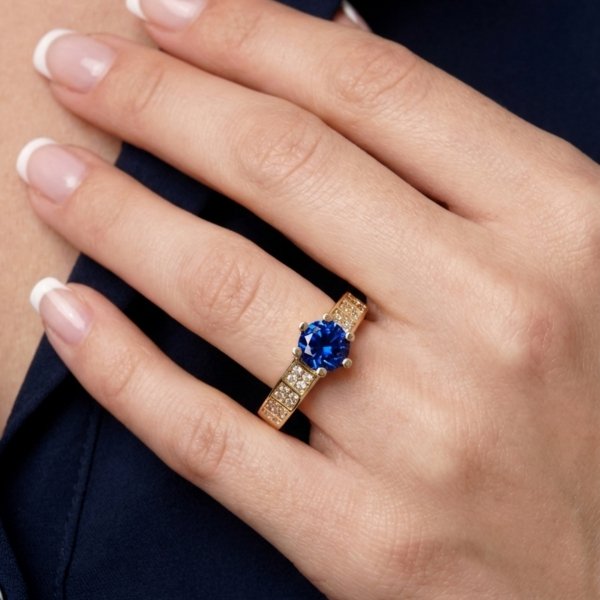 Pierścionek centralny kamień w kolorze szafiru R.17 złoto 585 