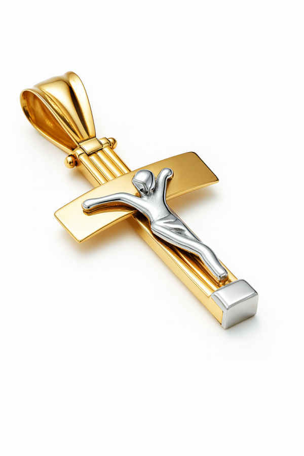 Krzyż dwukolorowy z wizerunkiem złoto 585