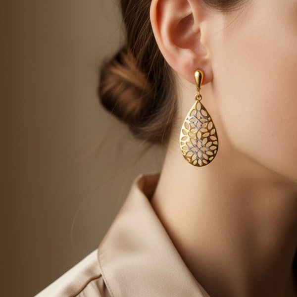 Kolczyki krople ażurowe białe i żółte złoto 585 