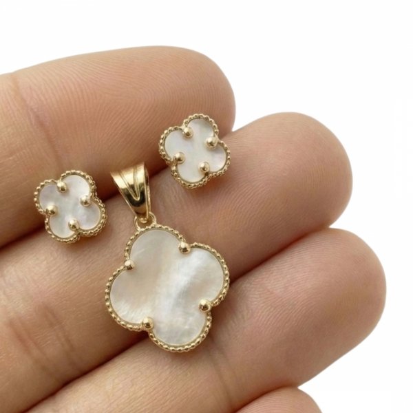 Komplet wisior i kolczyki koniczyna masa perłowa złoto 585 