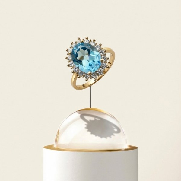 Pierścionek z błękitnym kamieniem w szlifie owalnym R.21 złoto 585