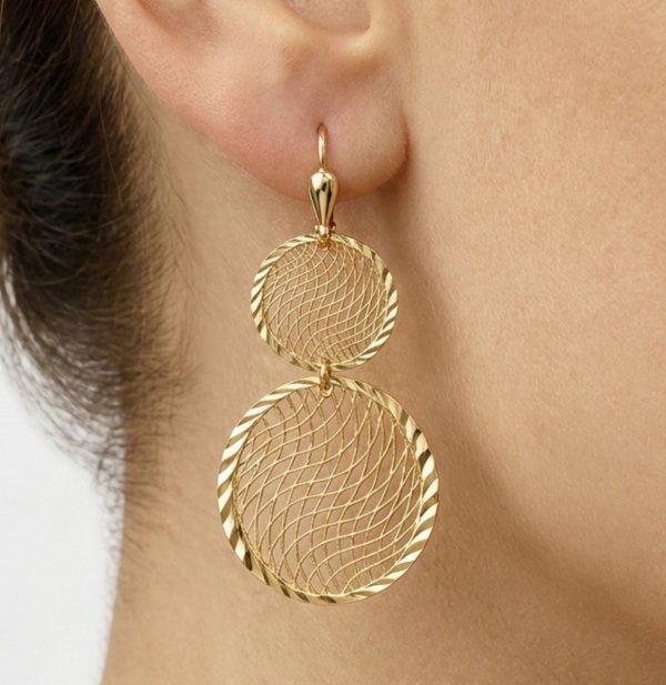 Kolczyki dwa koła ażur długie złoto 585 