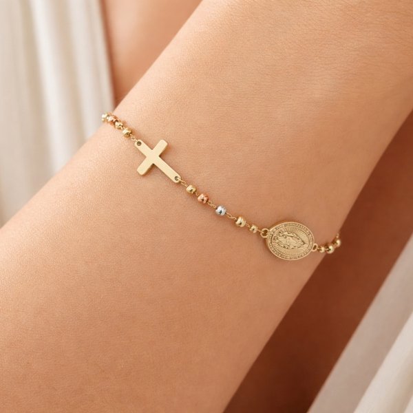 Bransoletka różaniec różowe żółte białe złoto 585 