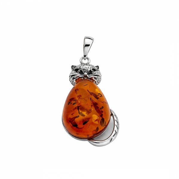 Zawieszka w kształcie kota z bursztynem srebro 925