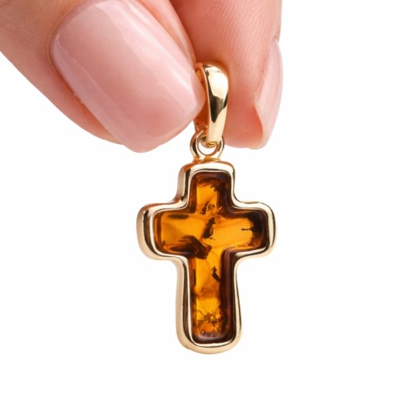 Zawieszka krzyż z bursztynem srebro 925