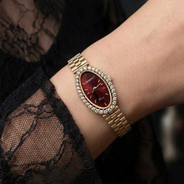Zegarek z tarczą w kolorze rubinowym i kamieniami złoto 585 