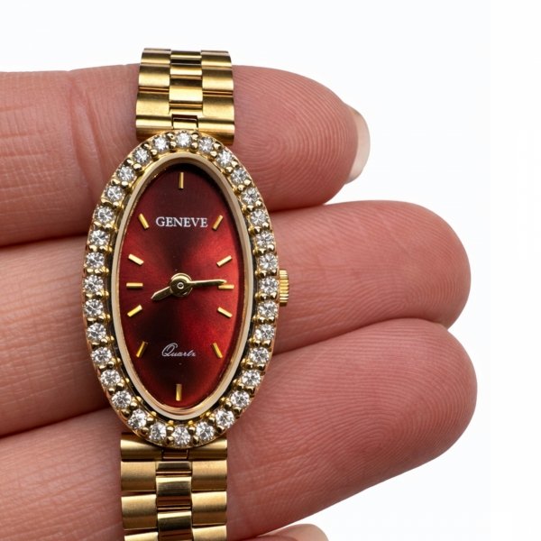 Zegarek z tarczą w kolorze rubinowym i kamieniami złoto 585 