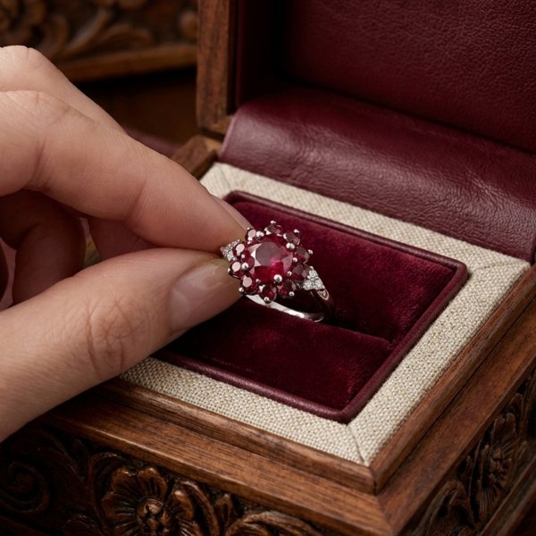 Pierścionek kwiat z naturalnym rubinem R.14 srebro 925